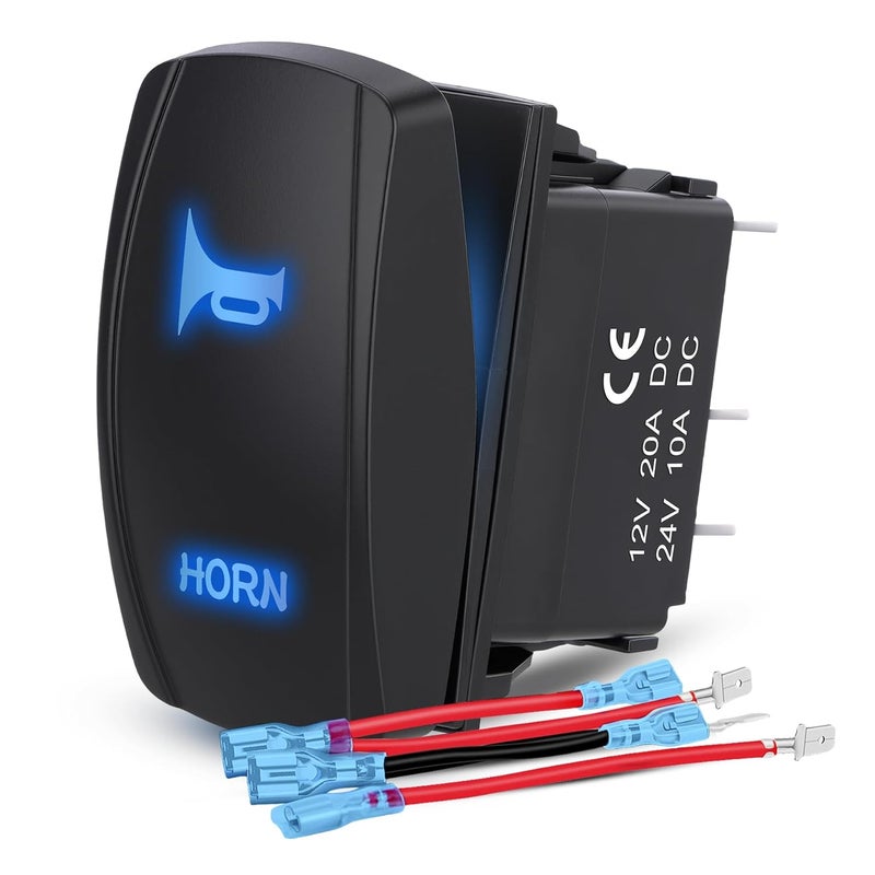 Weasch Horn Momentary Rocker Switch, On/Off SPST 5Pin, 20A/12V 10A/24V, with Jumper Wires Set for Cars Jeeps Boats Trucks, Blue - Image 1
